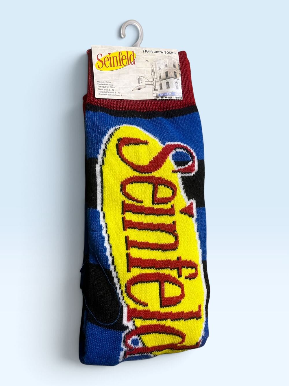 Seinfeld TV Show Logo Crew Socks Men's Size 6-12 NWT Blue Multicolor